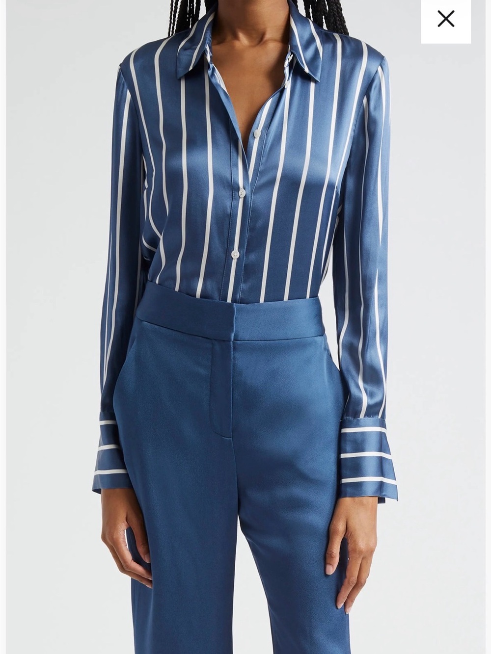 Veronica Beard Blue and White Satin Silk Button-Down Shirt